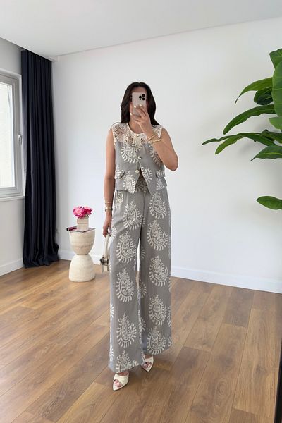 BİRCANÇİL Hendy Khaki Lace Trim Detailed Linen Blouse Pants Set