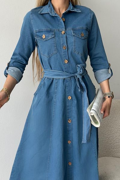 Jacarsman Women's Midi Length Pocketed Belted Buttoned Denim Shirt Dress – Denim Dress