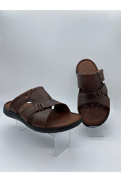 BURAK ALDAY SHOES Men's Genuine Leather Massage Sole Brown Slippers