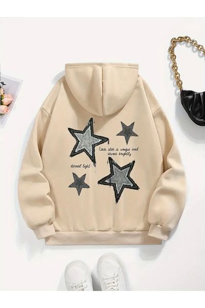FUFLUNS Star Printed Oversize Unisex Hooded Sweatshirt