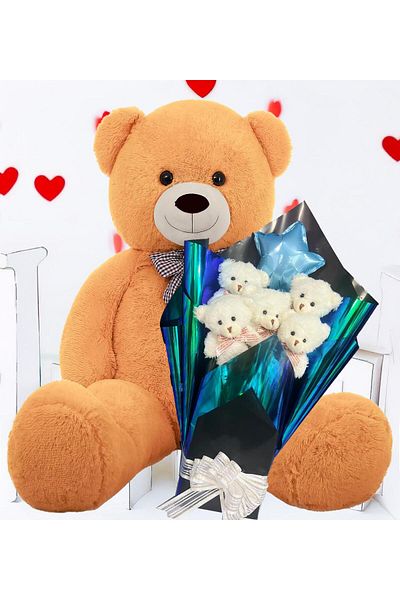 Sole Premium 90 cm Plush Bear and Star Balloon, White Plush Teddy Bear Bouquet in Hologram Presentation