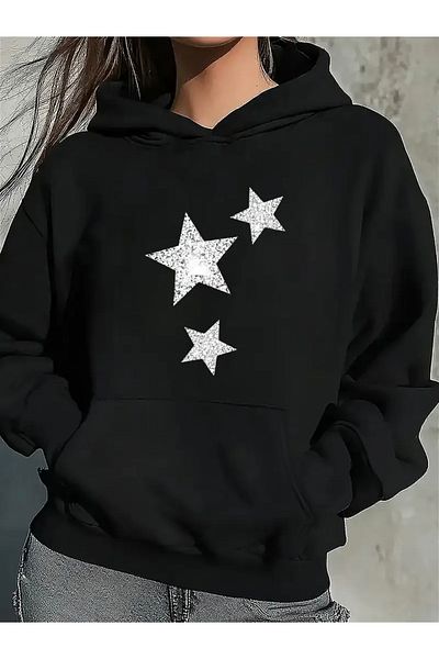 FUFLUNS Star Printed Oversize Unisex Hooded Sweatshirt