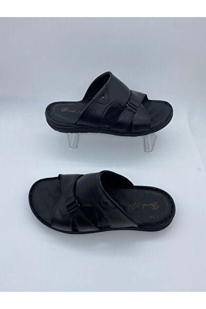 BURAK ALDAY SHOES Men's Genuine Leather Massage Sole Black Slippers