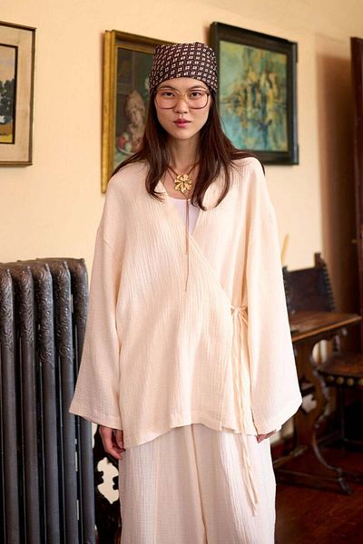 Ceylan Otantik Cream Muslin Tie-Up Tunic & Shalwar Trousers Set