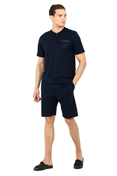 D'S Damat Σετ ρόμπας Ds Damat 5 τεμαχίων από χτενισμένο βαμβάκι με σατέν πέτο και πατλάκια ΣΚΟΥΡΟ ΜΠΛΕ