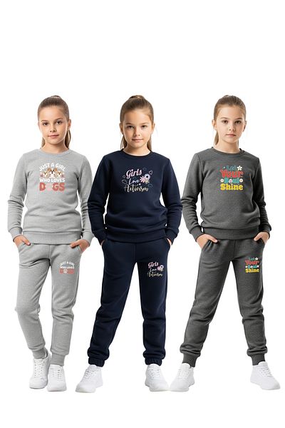 FYK KİDS Plain Round Neck 3-Piece Printed Girls Tracksuit Set