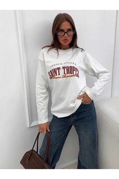 sole stories Rose Women's 100% Cotton Crew Neck Oversize Fit Long Sleeve White Printed T-Shirt