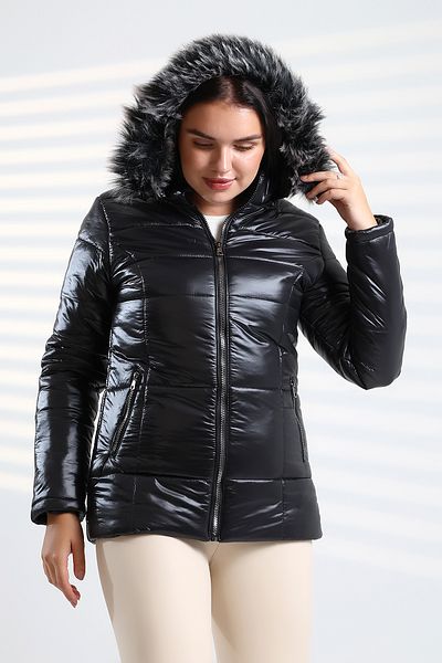 Talsmoda Women's Black Color Hooded Fur Water, Wind and Wash Resistant Quilted Coat