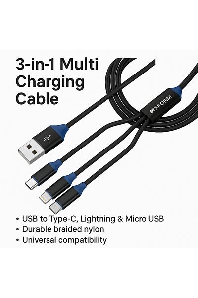 TSUMAB 3-in-1 Multi Charging Cable – USB to Type-C, Lightning & Micro USB