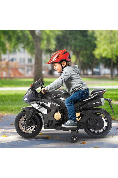 PLAYZO Kids Electric Ride-On Sports Motorcycle Rechargeable Battery, Training Wheels, Lights and Sound