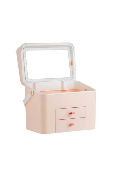 divendi-ro Makeup Mirror with 42 LED Bulbs, Portfolio with Compartments, 30x20x24.5cm, white/pink