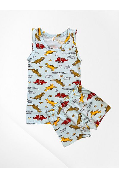 elmas kids Boys' 100% Cotton Light Blue Color Dinosaurs Patterned Network Part Stitched Singlet Boxer Set
