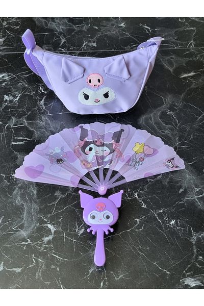 Kromi Girl's Set Luxury Quality Fabric Bag, Fan, Moving Eye Comb Kuromi Set Purple