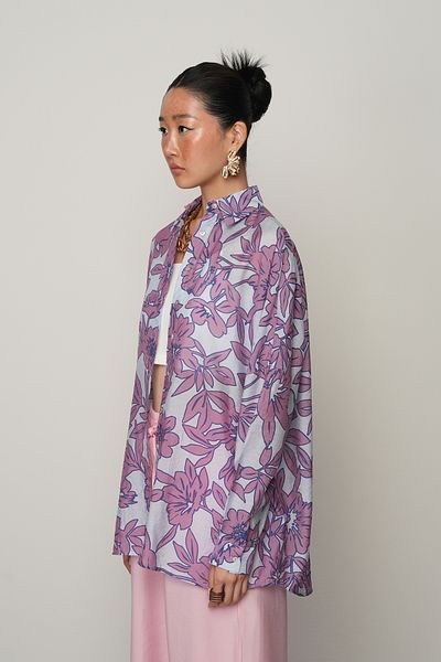 Orfeo Negro Women's Blue Color Flower Patterned Oversize Cut Shirt
