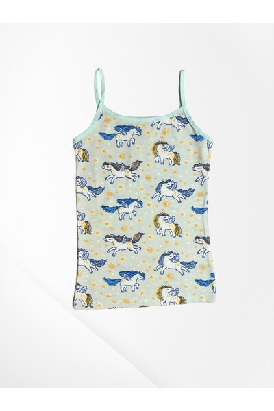 elmas kids Girl's 100% Cotton Green Color Unicorn Patterned Thin Strap Undershirt Boxer Set