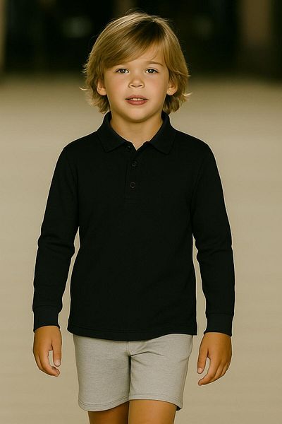 FERRY BUTİK Unisex Children's Solid Color Basic Polo Neck Long Sleeve School T-Shirt