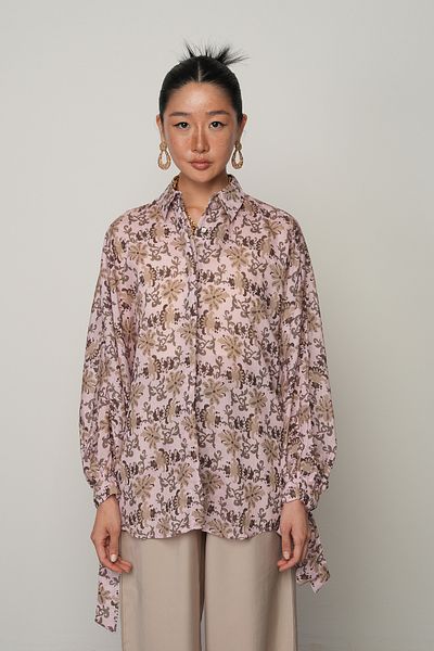 Orfeo Negro Women's Oversized Shirt with Tie-Up Sleeves in Powder Color with Flower Pattern