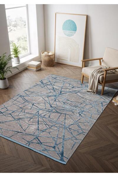 Cotto Home Step SE001M Gri Halı Modern Dekoratif Mavı Çizgili Pamuk Taban Tri...