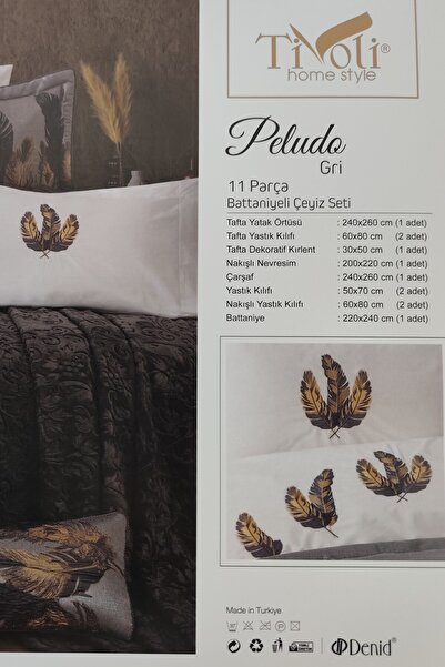 Sevim 11 Parça Battaniyeli Çeyiz Seti - Tafta Yatak Örtüsü & Nevresimli Çeyiz Takımı-Peludo-Gri