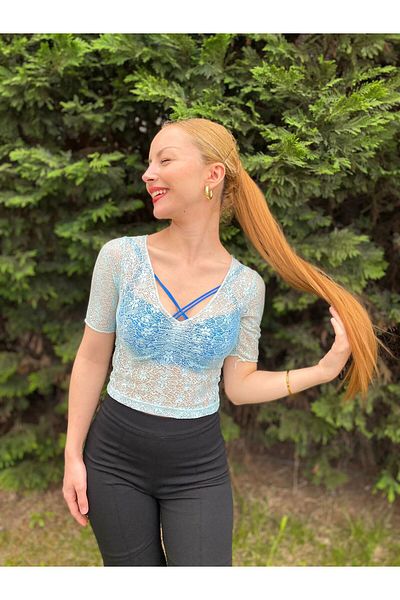 MY DEPO Women's See-Through V-Neck Lace Crop Blouse