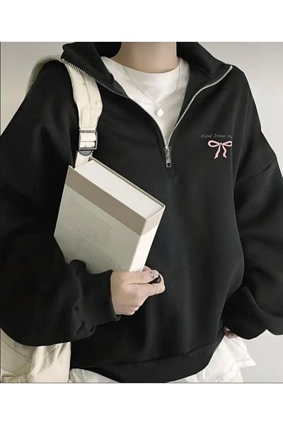 DEZZİİ Black Stand Collar Bow Printed Sweatshirt
