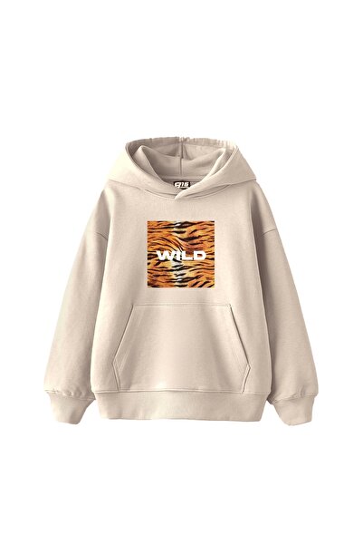 Bak Moda Wild printed Oversize Unisex μπεζ κουκούλα