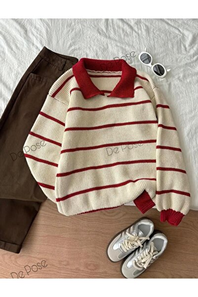 De Pose Ekru Bordo Selanik Örgü Polo Yaka Oversize Kadın Triko Kazak