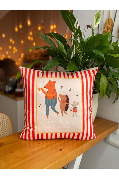 RahanDesign Children's Room Decorative Suede Throw Pillow Cover - Children's Room Red Striped Throw Pillow Cover - 43X43Cm