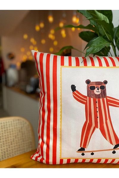 RahanDesign Children's Room Decorative Suede Throw Pillow Cover - Red Striped Children's Room Throw Pillow Cover - 43X43Cm