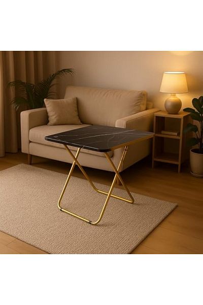 SKY TOUCH Sky-Touch Foldable Multipurpose Breakfast Table with Golden Metal Frame and Black Marble-Look Wood