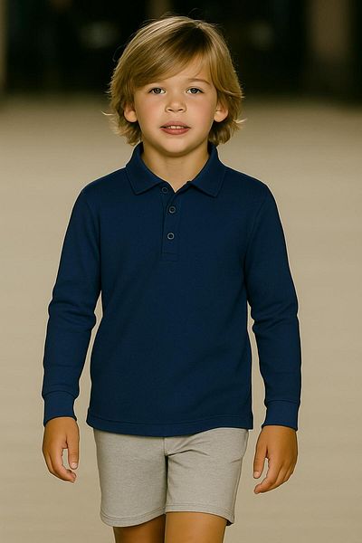 FERRY BUTİK Unisex Children's Solid Color Basic Polo Neck Long Sleeve School T-Shirt