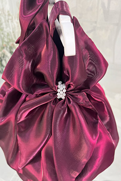 Bertuğ Bebek Balon Etek Mürdüm İnci Detaylı Fiyonklu Abiye Gelinlik Elbise