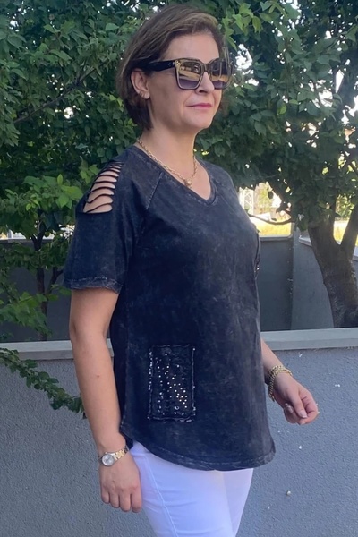 Mia Butik Large Size Black Shoulder Low-Cut Cotton Tshirt