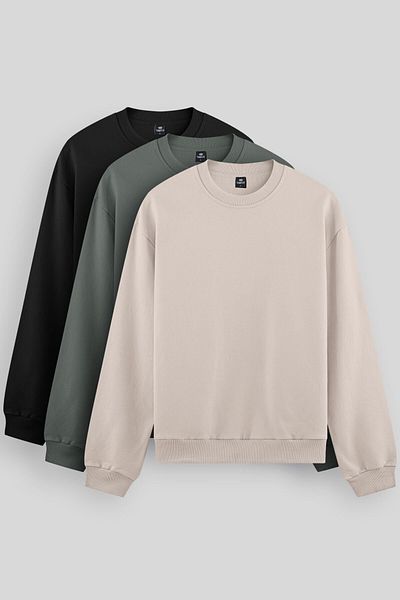 TOMMY LIFE Hanorac pentru bărbați Standard Fit Basic O-Gât 3 pachet Negru-Bej-Cagla 88053