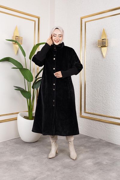 Hb Harma Time Butik Women's Lined Angora Buttoned Black Coat