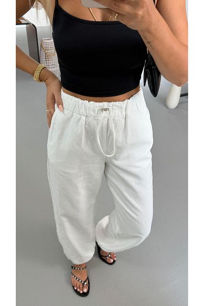 Sezgi Tekin Premium Series White Linen Trousers with Elastic Legs