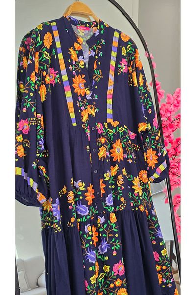 PREMİER VİE Testture Summer Lavivert Flowered Color Viscosse Dress V Neck
