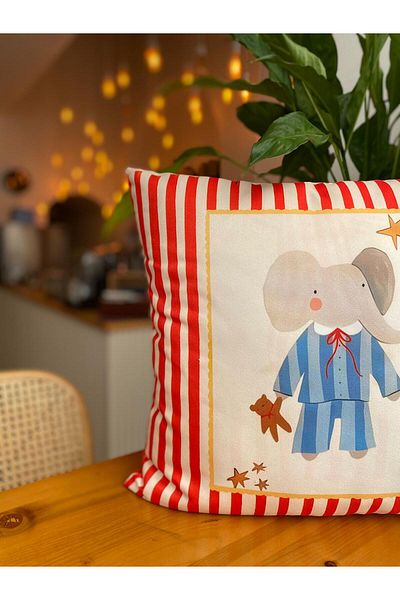 RahanDesign Children's Room Elephant Patterned Decorative Red Striped Suede Throw Pillow Cover - 43X43Cm