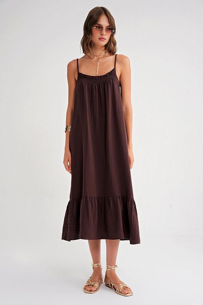 Mixray 4740 Women's Strap Muslin Midi Dress Brown