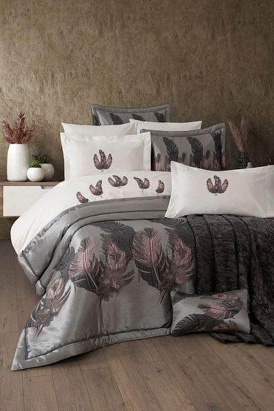 Sevim 11 Piece Dowry Set with Blanket - Taffeta Bedspread & Duvet Cover Dowry Set-Peludo-Powder
