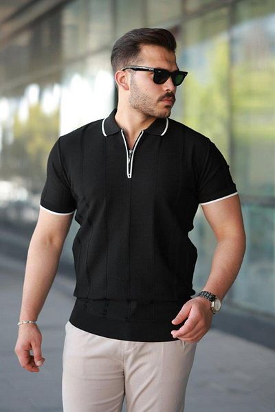 Aymood Men's Vertical Embossed Knitted Textured Zipper Collar T-Shirt