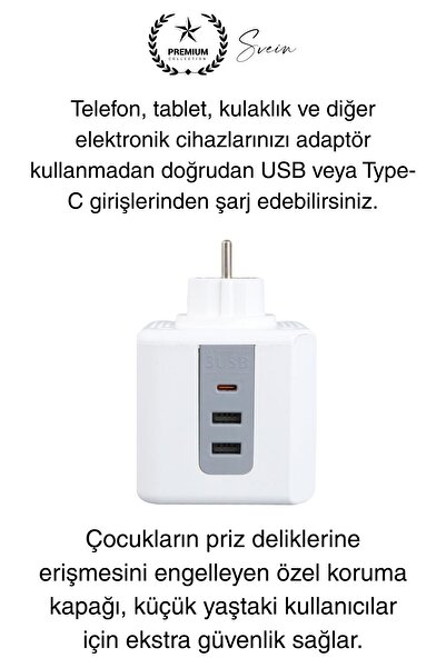 Svein Premium 3'lü Duvar Çocuk ve Akım Korumalı Isıya Dayanıklı Çoklu Küp Priz Usb Type-C Girişli Topraklı
