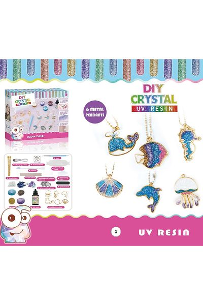 divendi-ro DYI set with 6 metal pendants, with UV resin, colors, glitter, gold chain, Ocean theme, multicolor