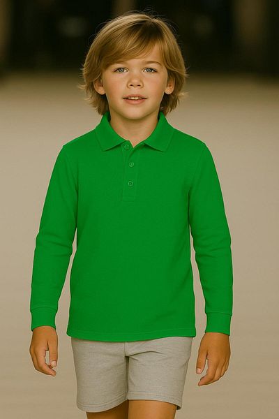 FERRY BUTİK Unisex Children's Solid Color Basic Polo Neck Long Sleeve School T-Shirt