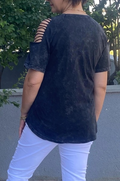 Mia Butik Large Size Black Shoulder Low-Cut Cotton Tshirt