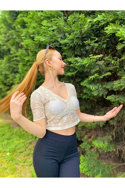 MY DEPO Women's See-Through V-Neck Lace Crop Blouse