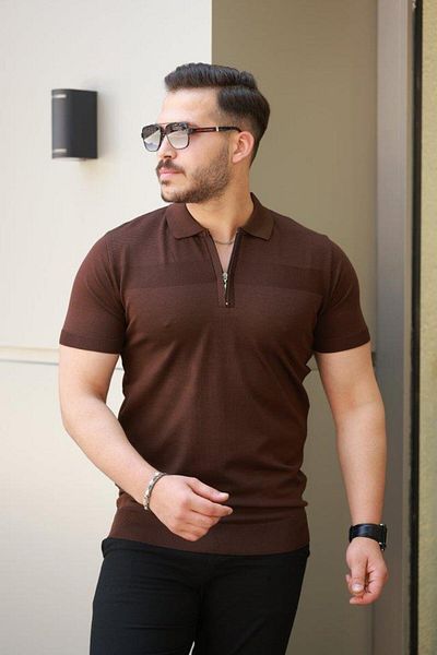 Aymood Men's Chest Rice Pattern Zipper Collar Short Sleeve T-Shirt