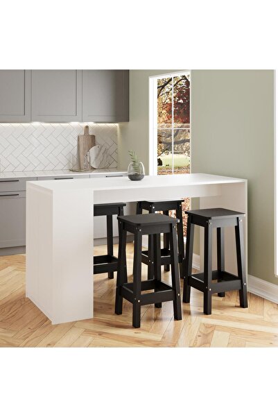 Bimossa Edgar G4831 4 Adet Siyah Tabureli Mutfak Adası Beyaz Karşılıklı Oturm...