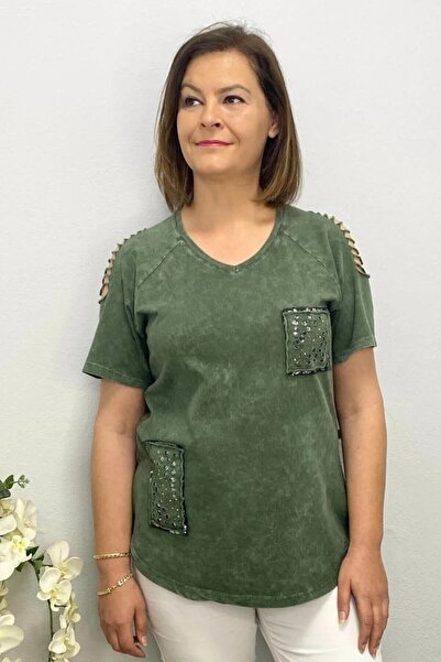 Mia Butik Large Size Khaki Shoulder Low-Cut Cotton Tshirt
