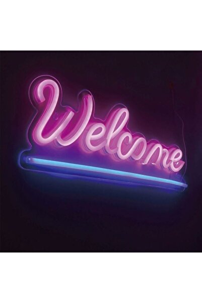 divendi-ro Lampă LED neon colorată, model WELCOME, cu cablu de 1,8 m inclus, 41x16 cm, roz/albastru